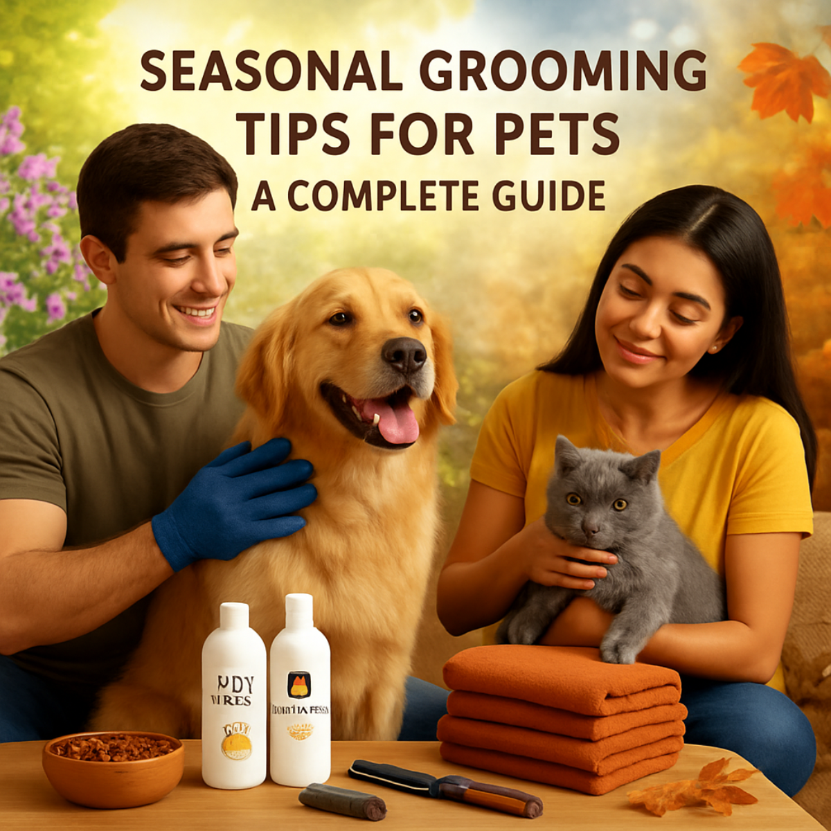 Man and woman with dog and cat, grooming supplies, and text about seasonal grooming tips for pets.