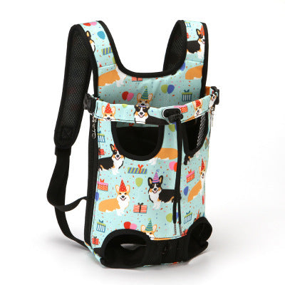 A collection of soft pet carriers in various colors and patterns, designed to be worn on the back for transporting pets.