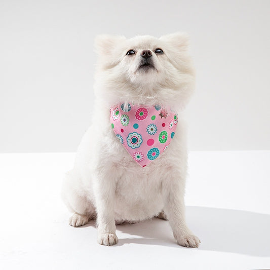 White dog wearing a pink floral bandana on a white background