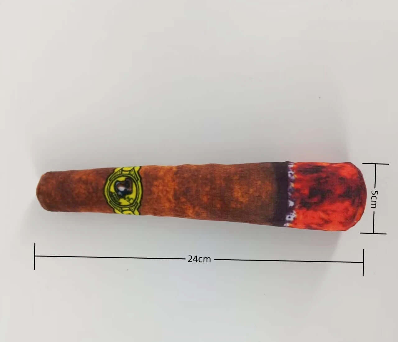 Cigar with a brand logo and measurements on a white background