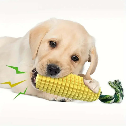 Puppy playing with a corn-shaped dog toy on a white background