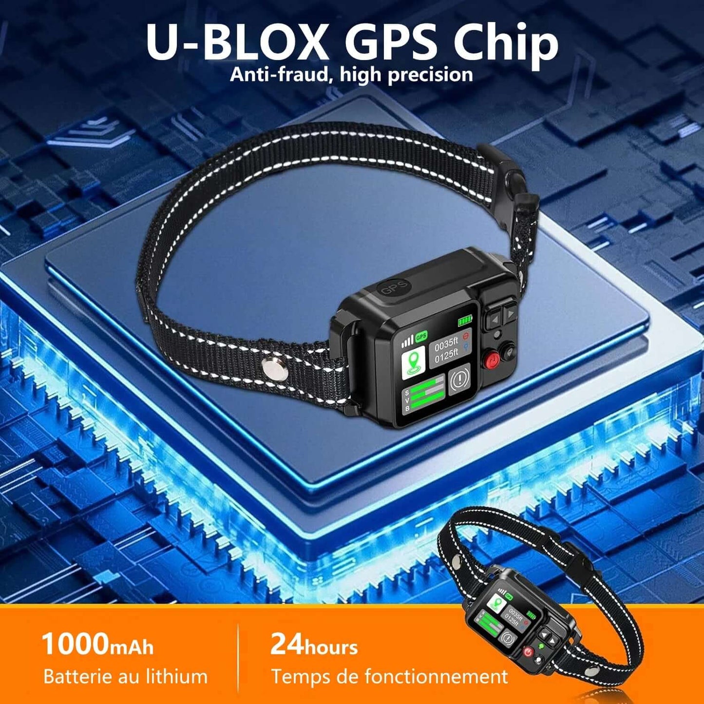 Pet tracking device with U-BLOX GPS Chip on a blue circuit board background