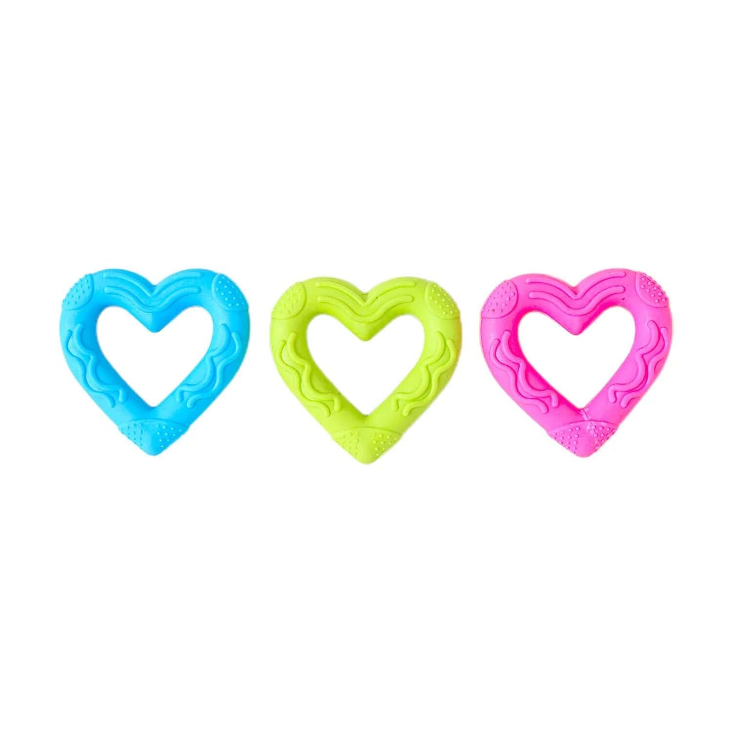 Three heart-shaped objects in blue, green, and pink on a white background