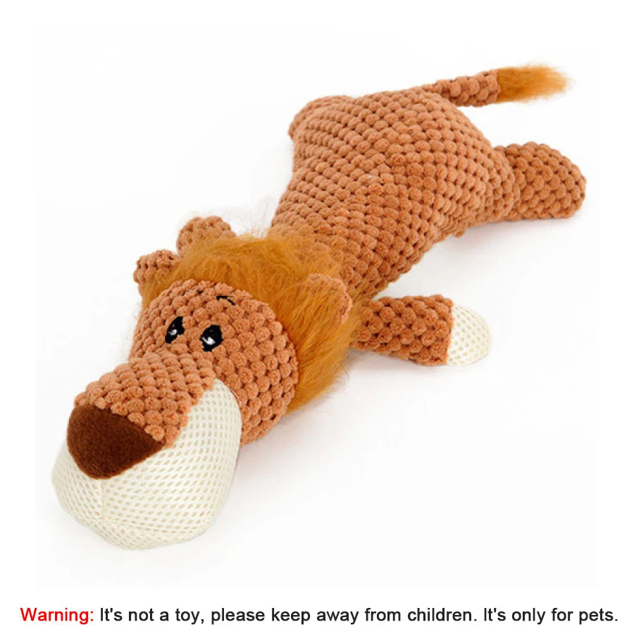Knitted dog toy shaped like a fox on a white background with a warning label.