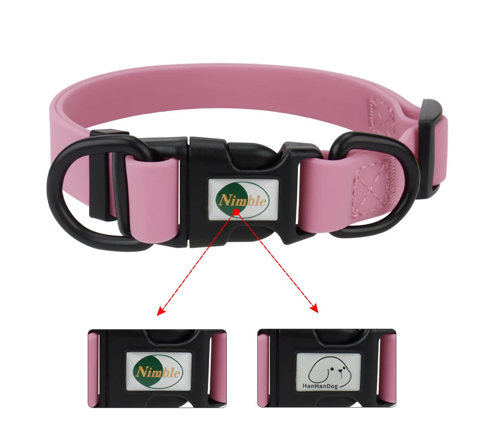 Pink dog collar with black buckle and Nimble logo on a white background