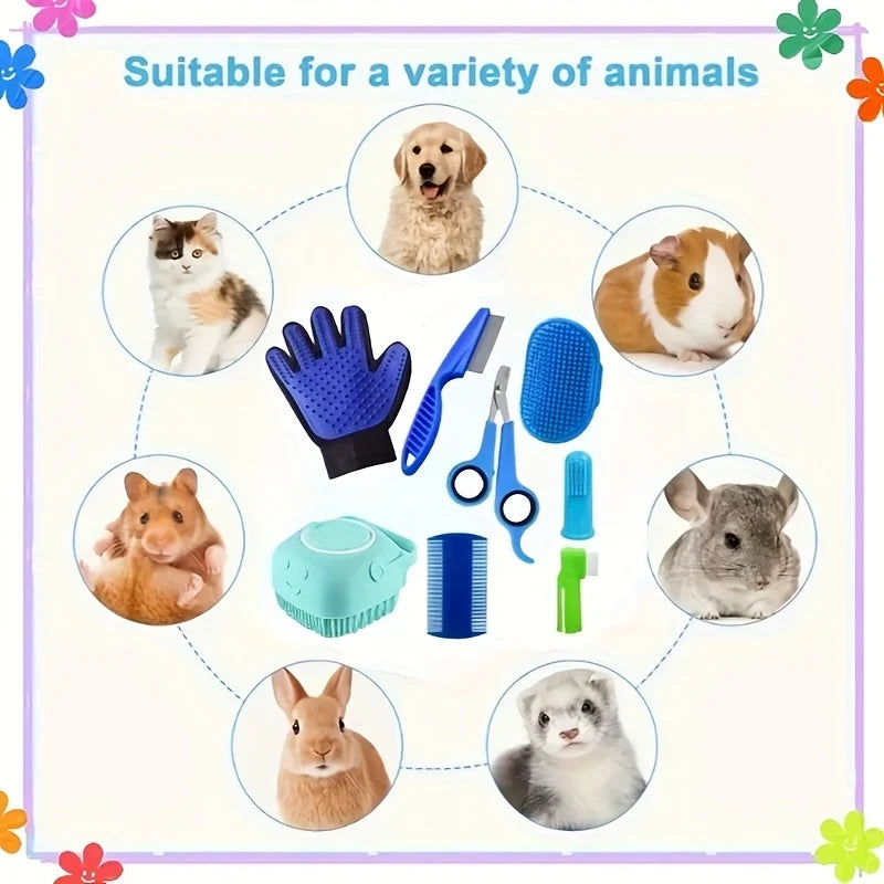 Pet grooming tools suitable for various animals with images of pets around them.