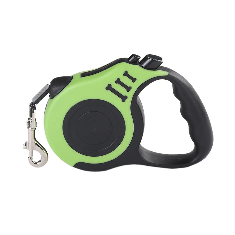 Green and black retractable dog leash on a white background