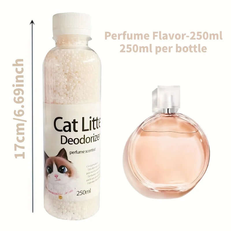 Cat litter deodorizer bottle and perfume bottle with measurements on a white background