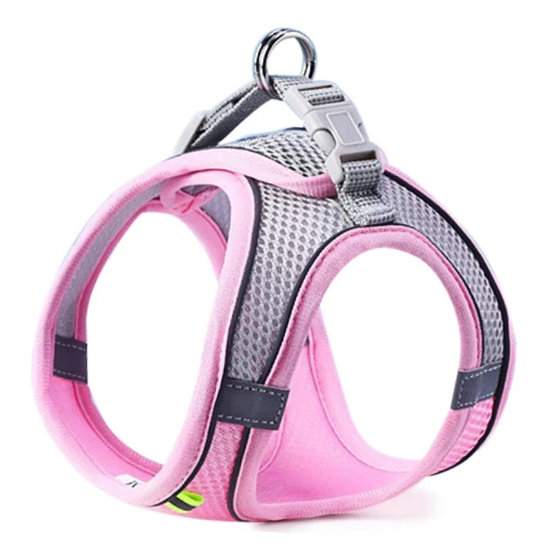 Pink and gray pet harness on a white background