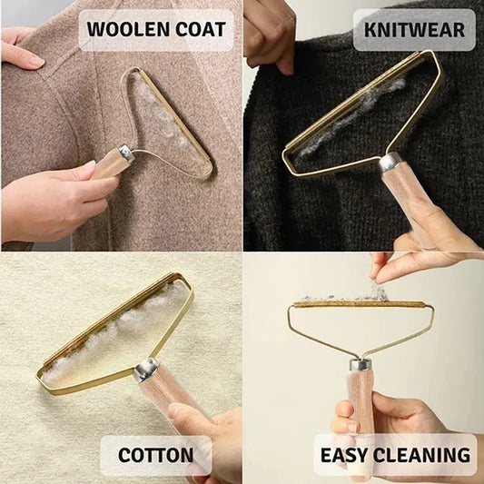 Cleaning tool being used on woolen coat, knitwear, cotton fabric, and labeled for easy cleaning.