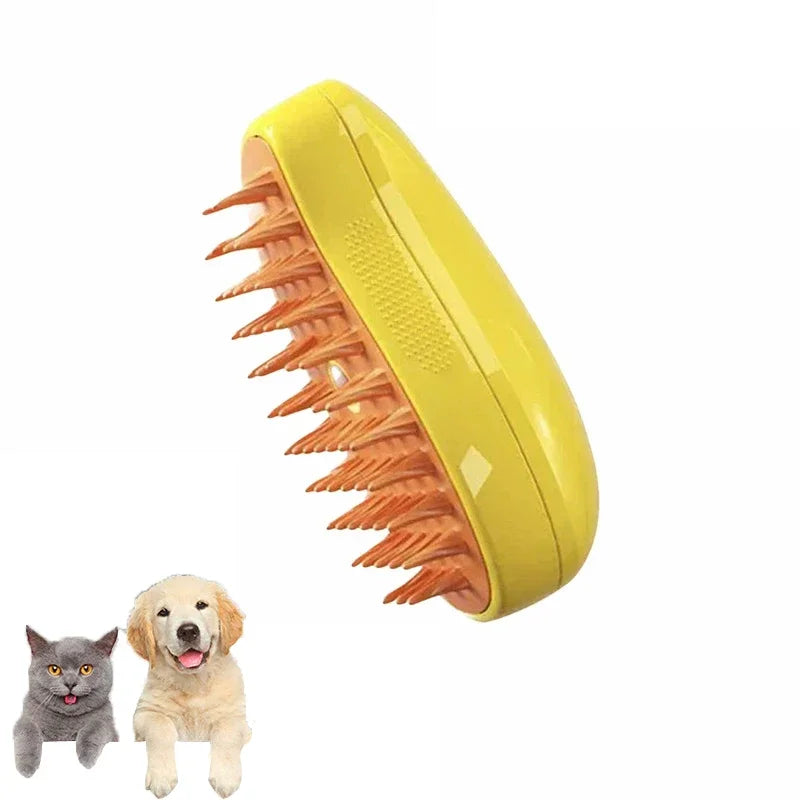 Yellow pet grooming brush with two pets, a cat and a dog, on a white background