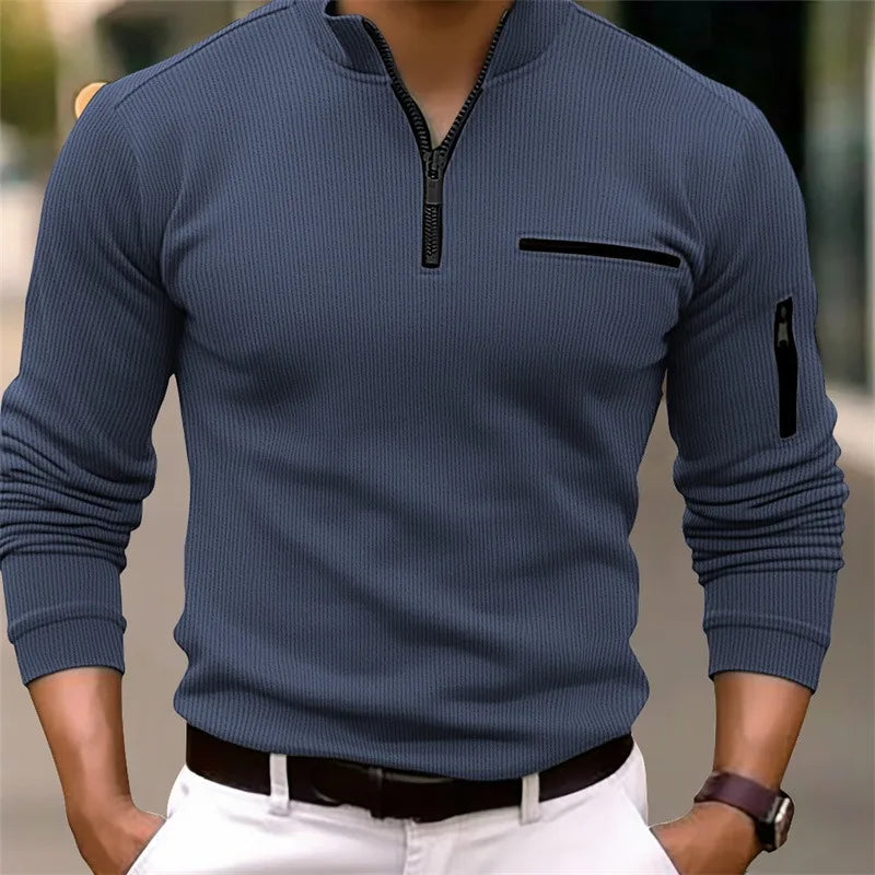 Polo Shirt - Casual Retro Polo Shirt FOR Men, Striped, Long Sleeve, Zipper Arm