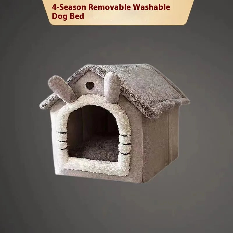 Dog house-shaped pet bed with a gray roof and white base on a dark background