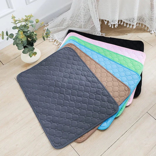 Set of colorful bath mats on a wooden floor with a plant in the background