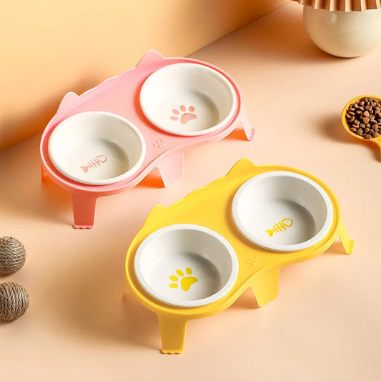 Ceramic Cat Bowl Double Bowl - Elevated Slanted Pet Food Water Bowls, High-Quality Kitten Feeding Drinking Bowls, Pet Supplies