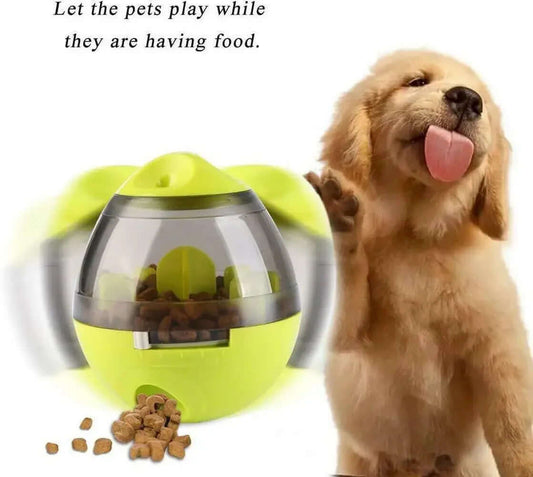 Dog playing with a green and clear ball-shaped pet toy with food inside, next to a golden retriever.