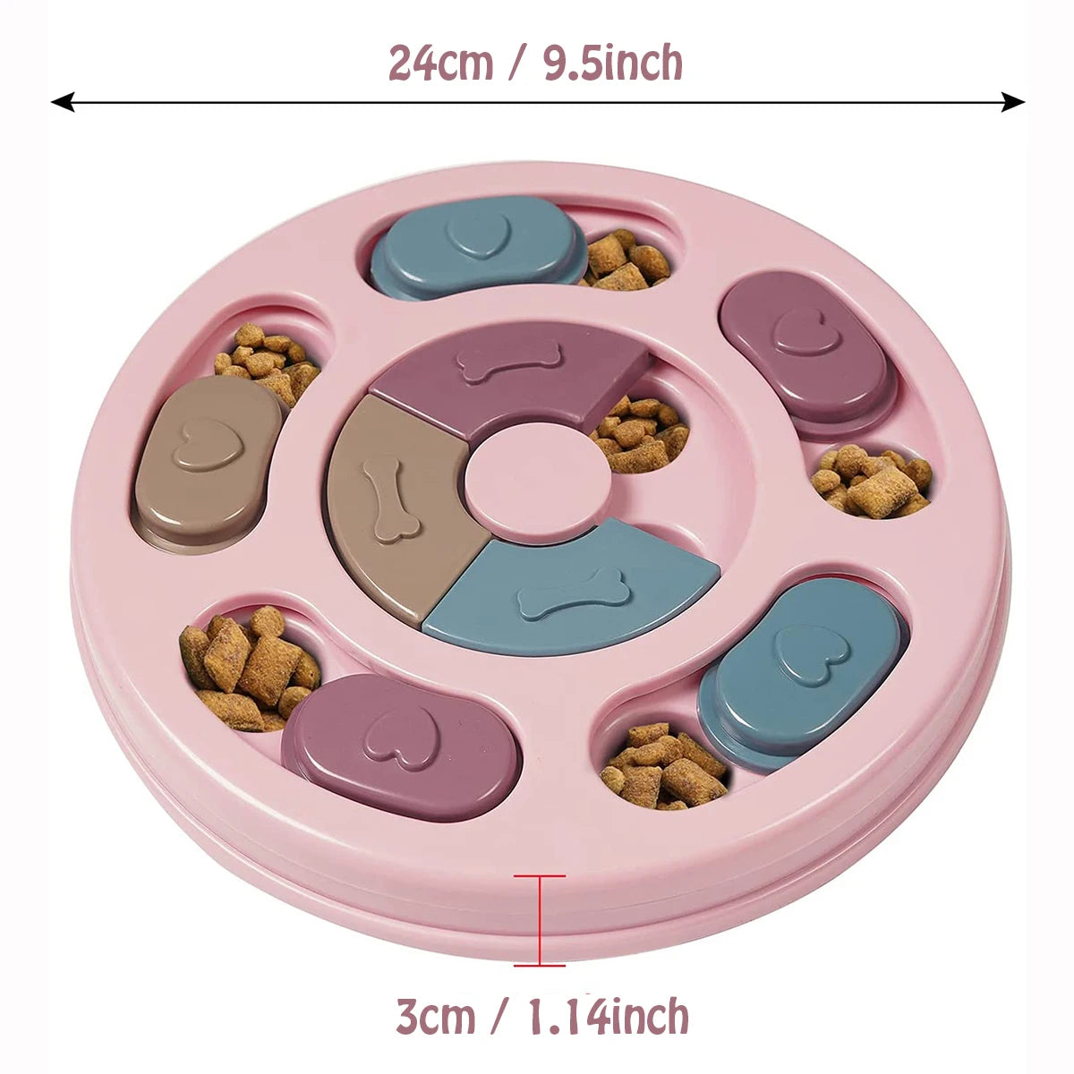 Pink pet puzzle toy with food compartments and measurements on a white background