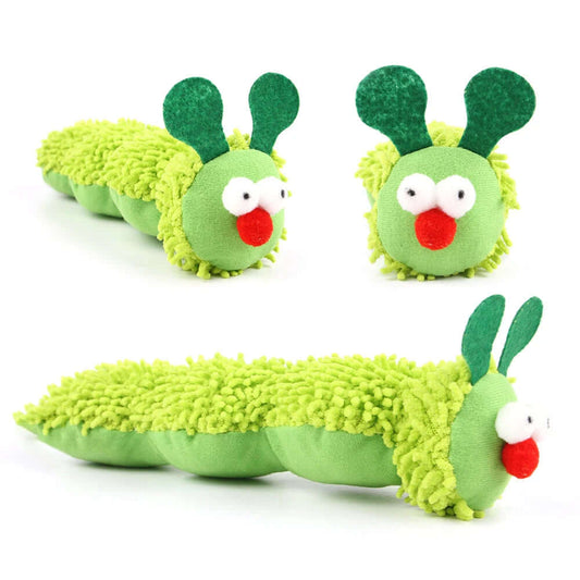 Green plush caterpillar toy with a face on a white background