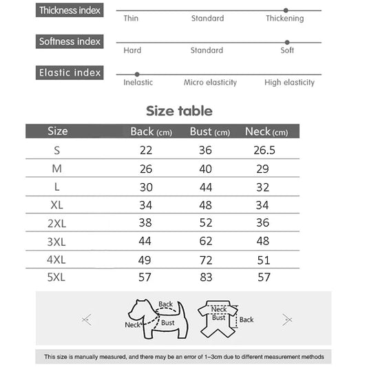 Size chart for clothing with measurements in centimeters