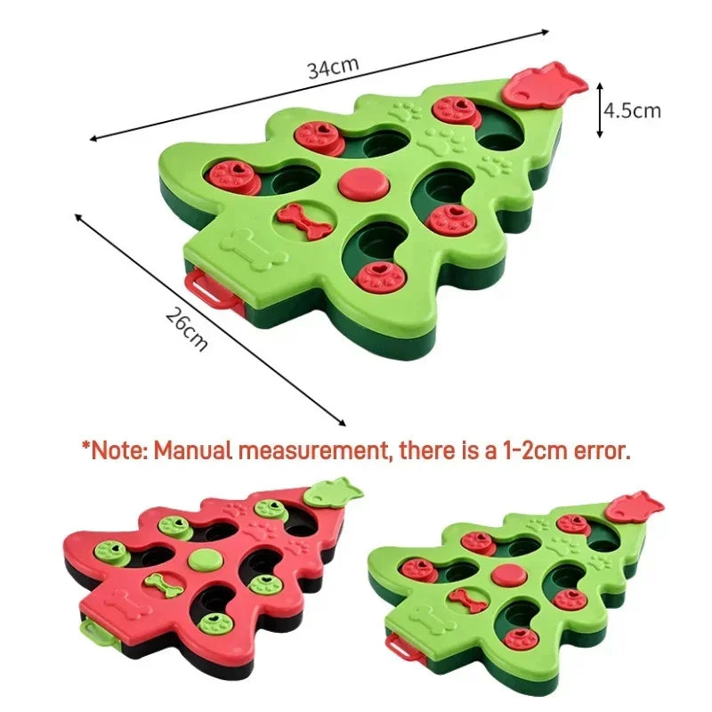 Green Christmas tree-shaped puzzle toy with red accents and measurements on a white background.