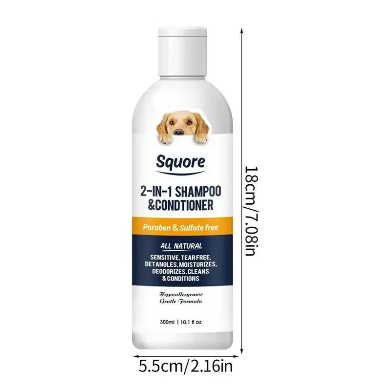 Squore 2-in-1 Shampoo & Conditioner bottle with dimensions on a white background