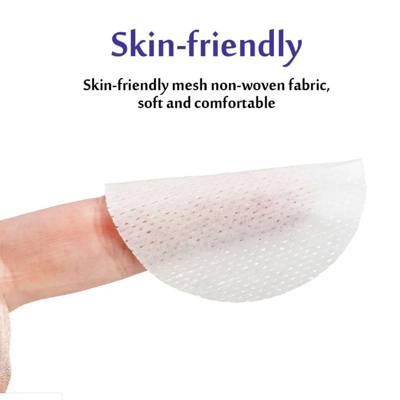 Skin-friendly mesh non-woven fabric applied to a person's leg with text on a white background