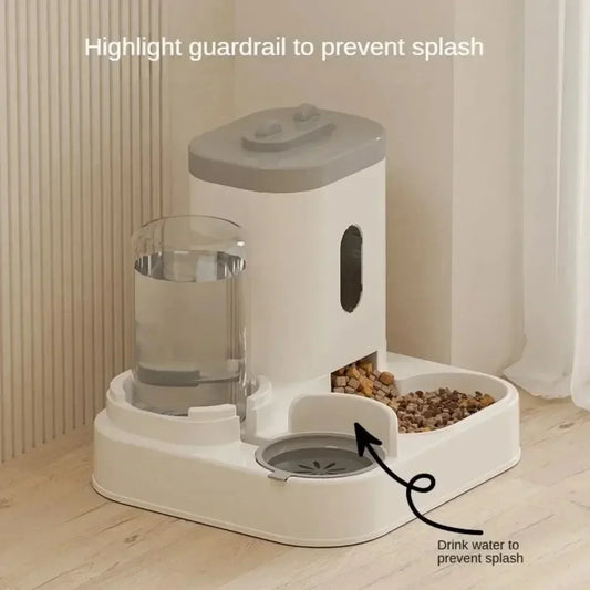 Pet feeder with water and food compartments on a wooden floor.