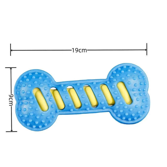 Blue bone-shaped toy with yellow bars and measurements on a white background