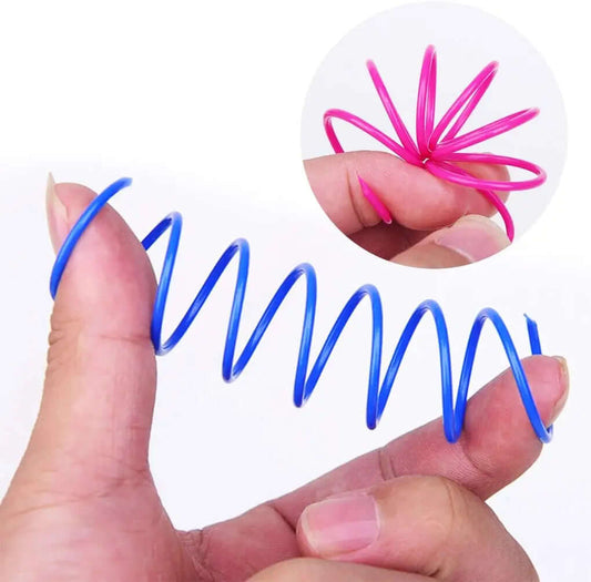 Hand holding a blue spring with a pink spiral, on a white background