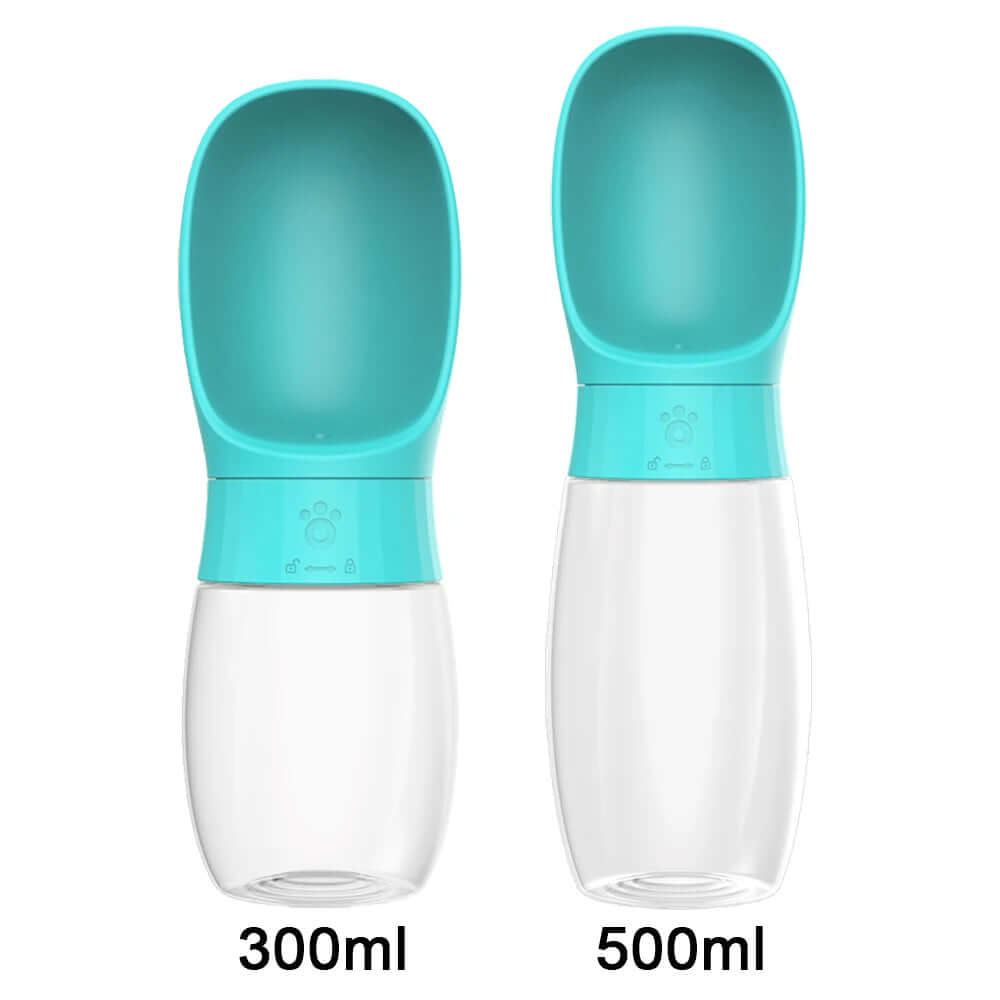 Two portable pet water bottles with turquoise tops and clear bases on a white background.