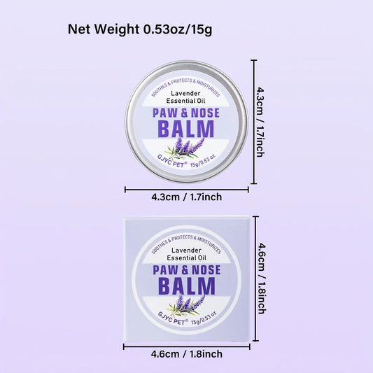 Measurement chart of a paw and nose balm container with dimensions and weight details on a light purple background.