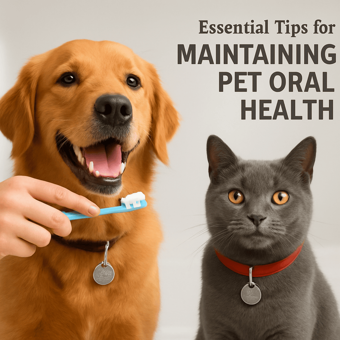 Dog and cat with a toothbrush and toothpaste, promoting pet oral health.