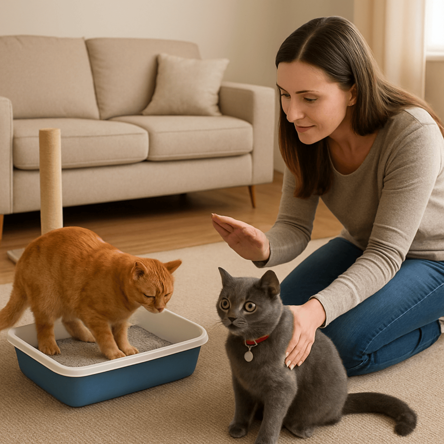 A woman is interacting with two cats in a living room setting