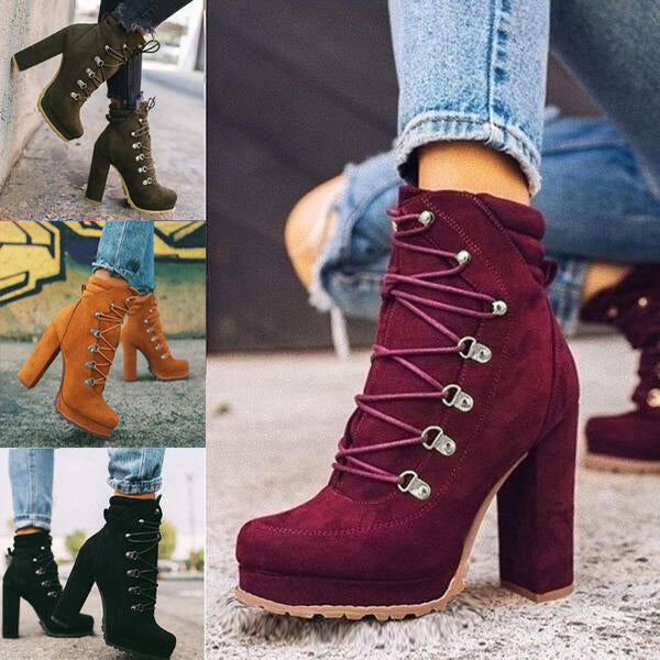 Heeled Boots For Women Round Toe Lace UP High Heels Boots Mid Calf Sho