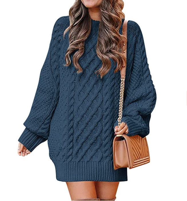 Sweater - Women's Twisted Knit Midi Sweater Dress with Long Sleeves navy blue