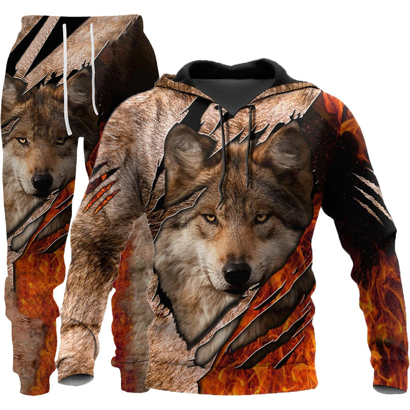 Tracksuit: 3D Wolf Print Hooded Sweatsuit for Men