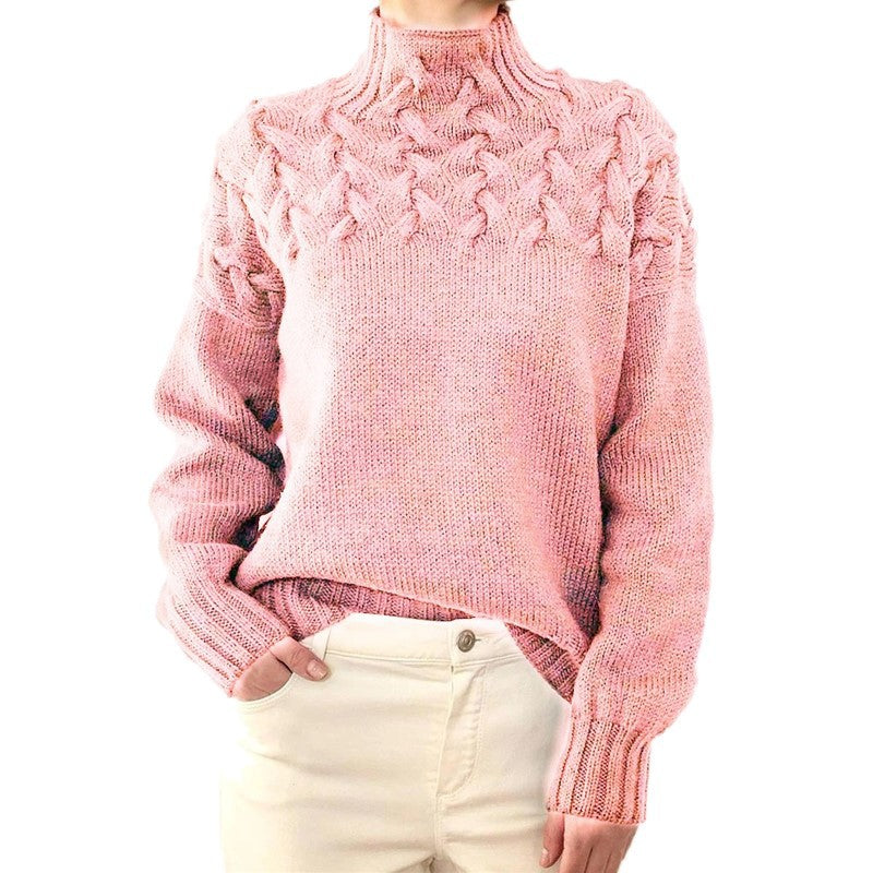 Sweater - Fashion Cable Woven Detail High Collar baby pink