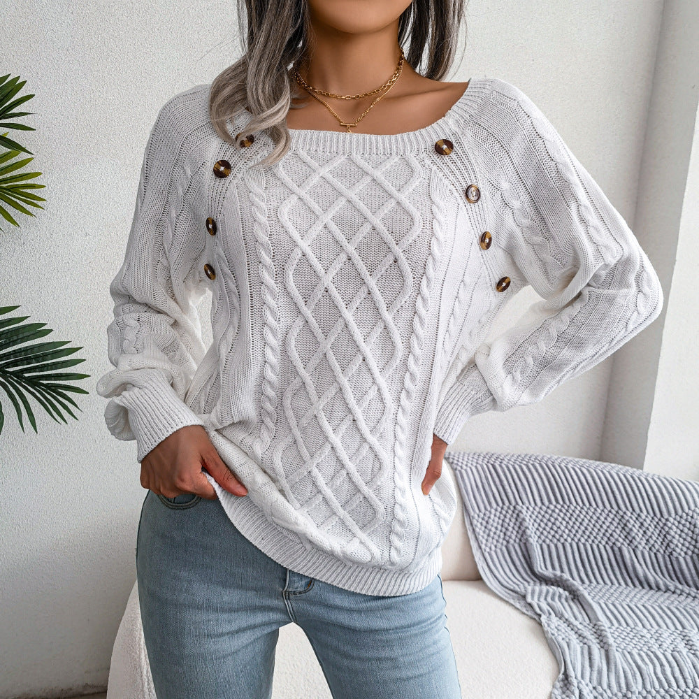 Sweater - Square Neck Button-Up Twisted Knit Sweater white