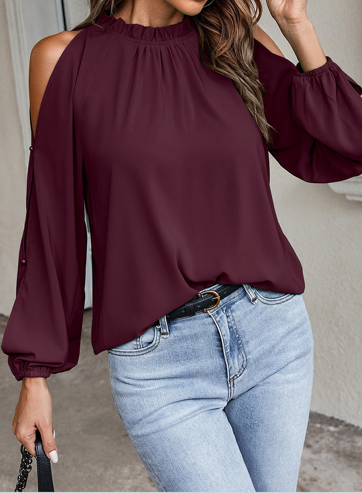 Long Sleeve Top - Ruffle Round Neck Long Sleeve Pleated Off-shoulder Top