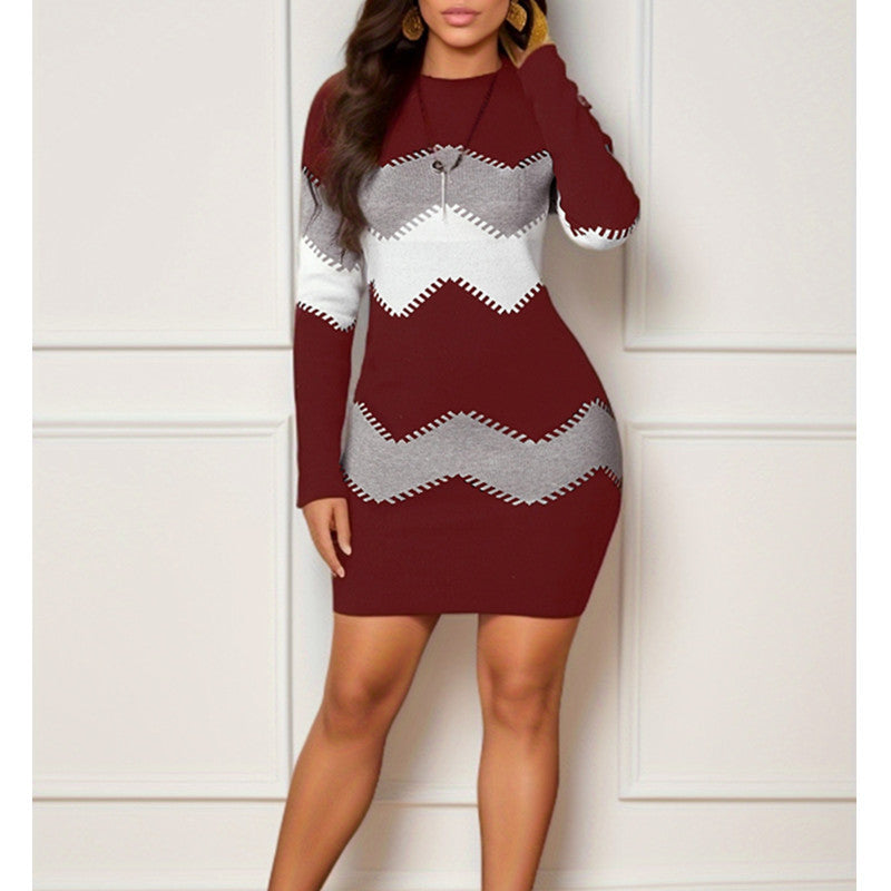 Sweater Dress - Round Neck, Long Sleeve, Printed Knitted Sheath Skirt"