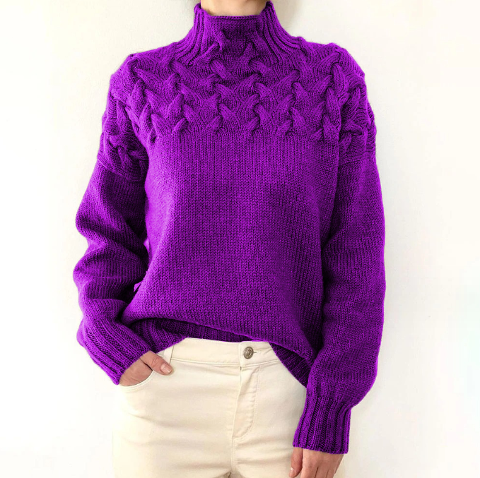 Sweater - Fashion Cable Woven Detail High Collar purple