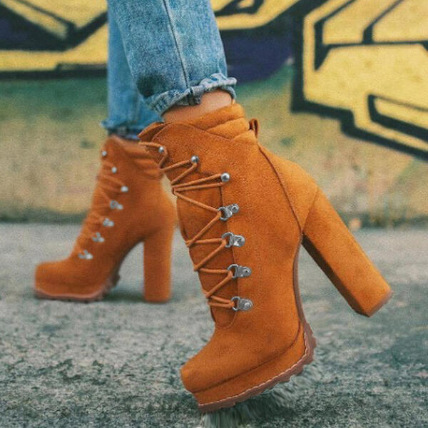 Heeled Boots For Women Round Toe Lace UP High Heels Boots Mid Calf Sho