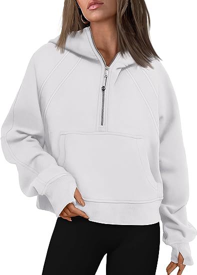 Hoodie - Loose Fit Zip-Up Hooded Sweatshirt with Pockets white