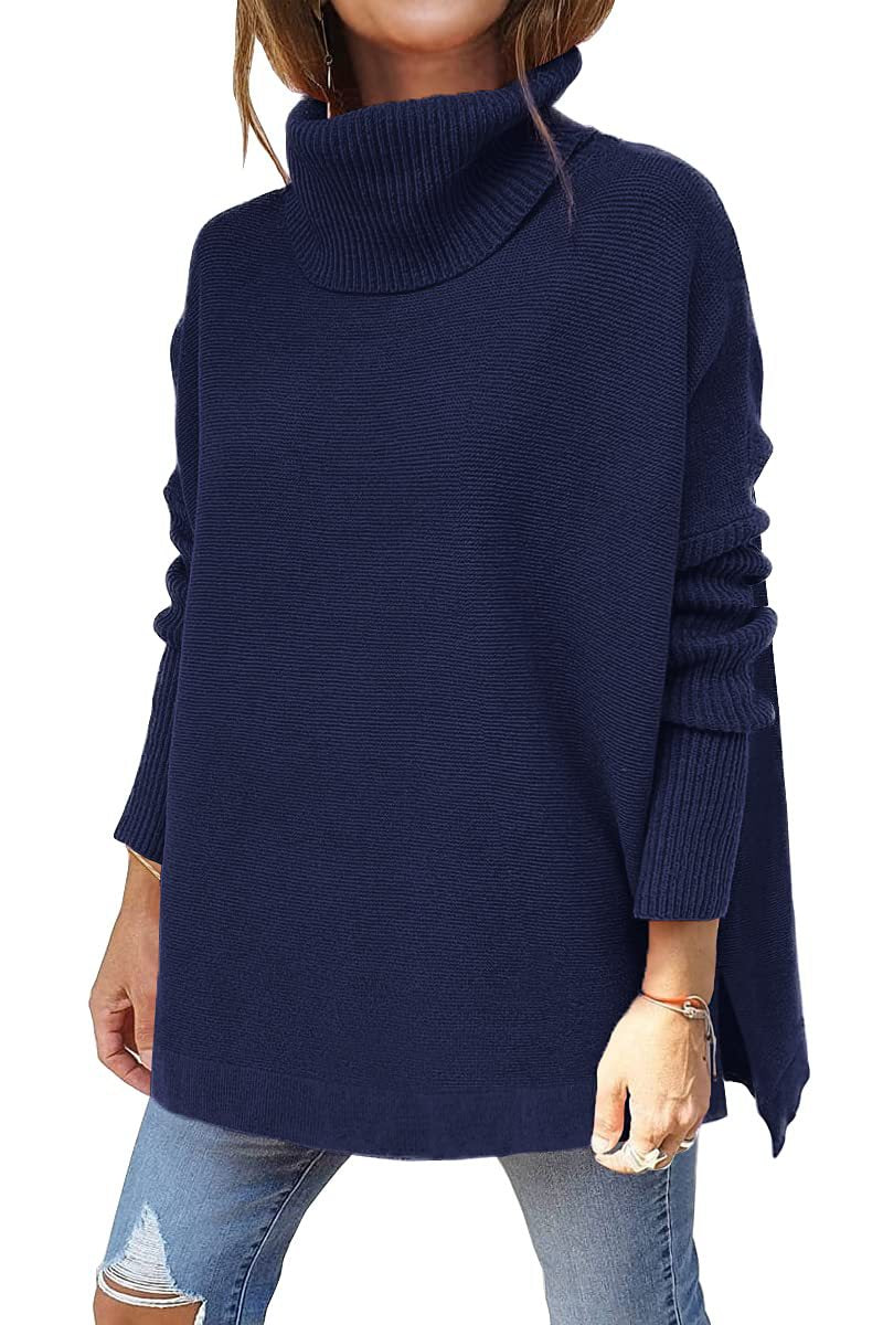 Turtleneck Sweater - Mid Length Batwing Sleeve Slit Hem Tunic Pullover navy blue