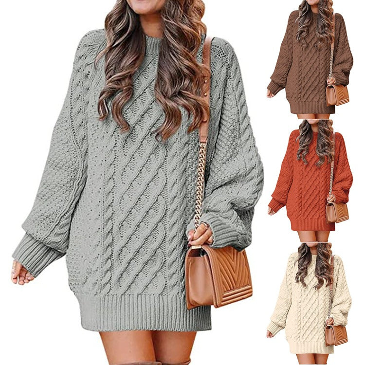 Sweater - Women's Twisted Knit Midi Sweater Dress with Long Sleeves