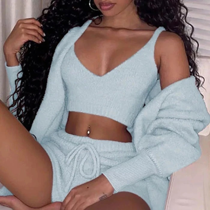 Pajamas for Women - Long Sleeve Crop Tank Top Shorts Pajama Set