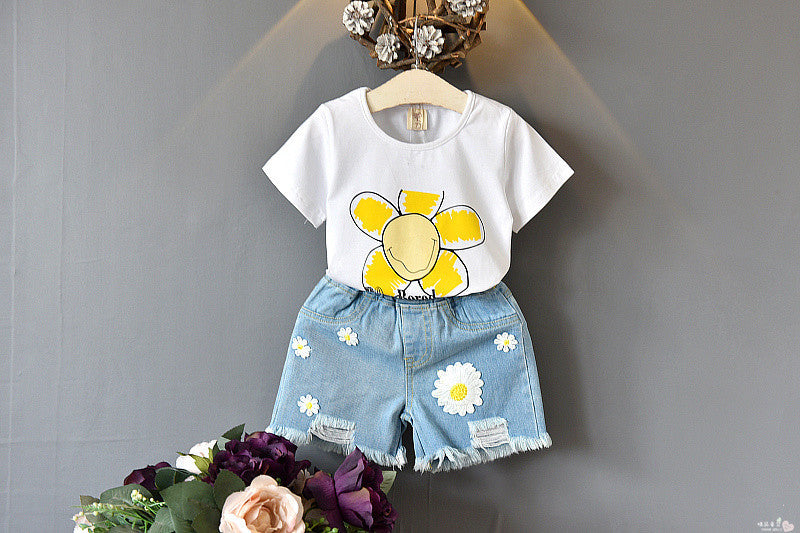 Denim 2pcs suit- Toddler Girls' Short-sleeved T-shirt & Short