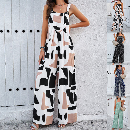 Jumpsuit - Fashion Print Square Neck Jumpsuit With Pockets Spring Summer Casual Loose Overalls Womens Clothing