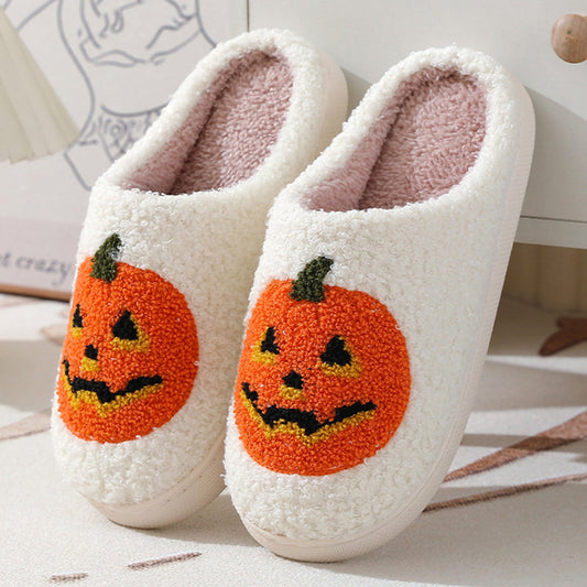 Pantoufles de dessin animé citrouille d'halloween, pantoufles chaudes d'hiver pour hommes et femmes, chaussures d'intérieur pour Couples