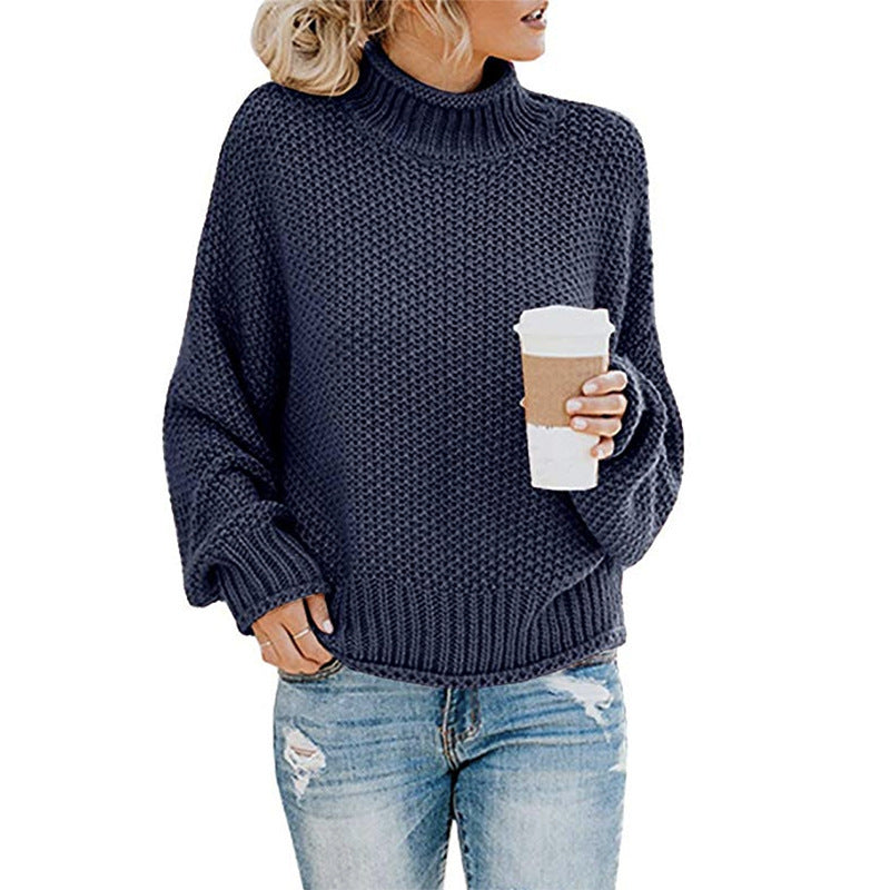 Sweater - Cardigan Thick Thread Turtleneck Pullover navy blue